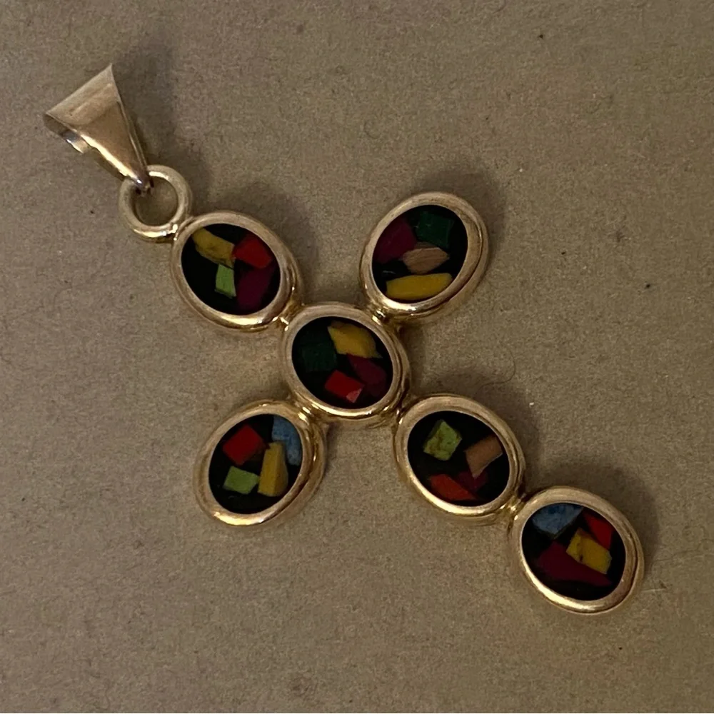 ATI 925 STERLING SILVER MULTI COLOR INLAY CROSS PENDANT BLACK 13.2g CHARM